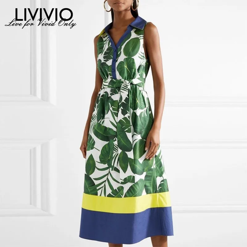 

[LIVIVIO] Sleeveless Print Dresses For Women V Neck High Waist Hit Color Midi Dress Female Spring 2019 Fashion Clothes