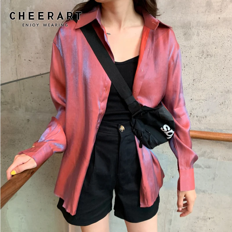 

Cheerart Holographic Long Sleeve Pink Shirt Women Loose Blouse Polarized Tops And Blouses Button Down Shirt For Women