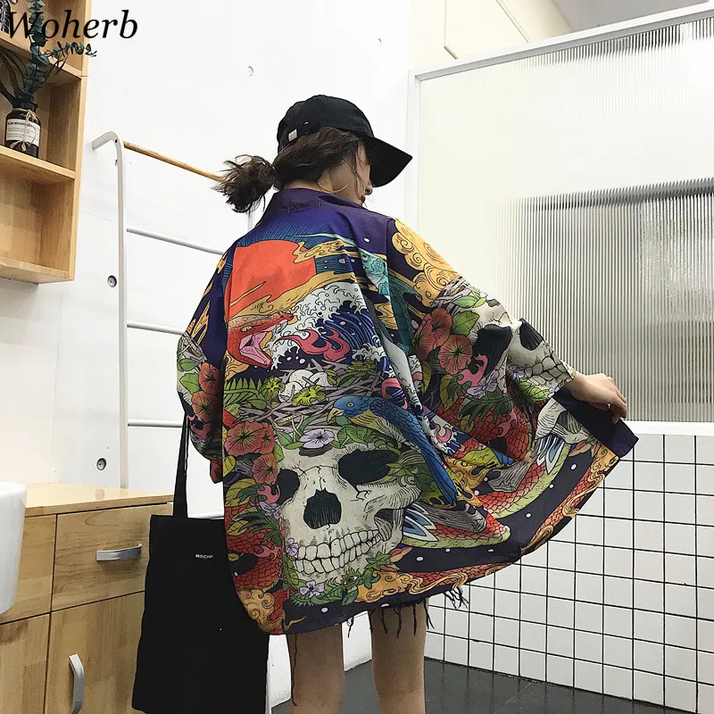

Woherb Summer Japanese Harajuku Kimono Skull Print Vintage Blouse Sunscreen Yukata Cardigan Jacket Women and Man Shirt 21300