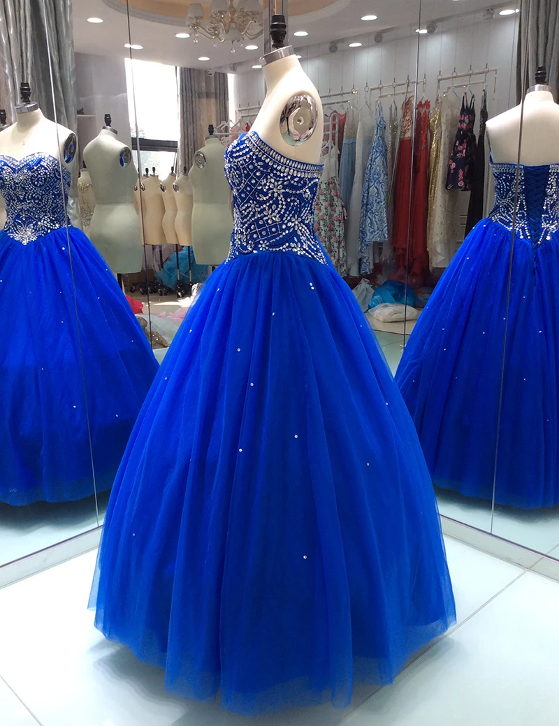 Королевское голубое праздничное платье бальное платье для 15 лет кружево с бусинами-кристаллами сладкий 16 платья Формальные сверкающие Выпускные платья