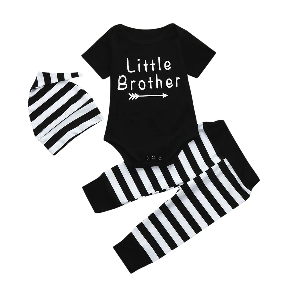3Pcs Toddler Baby boy clothes set Letter Romper Tops+Stripe Pants+Hat