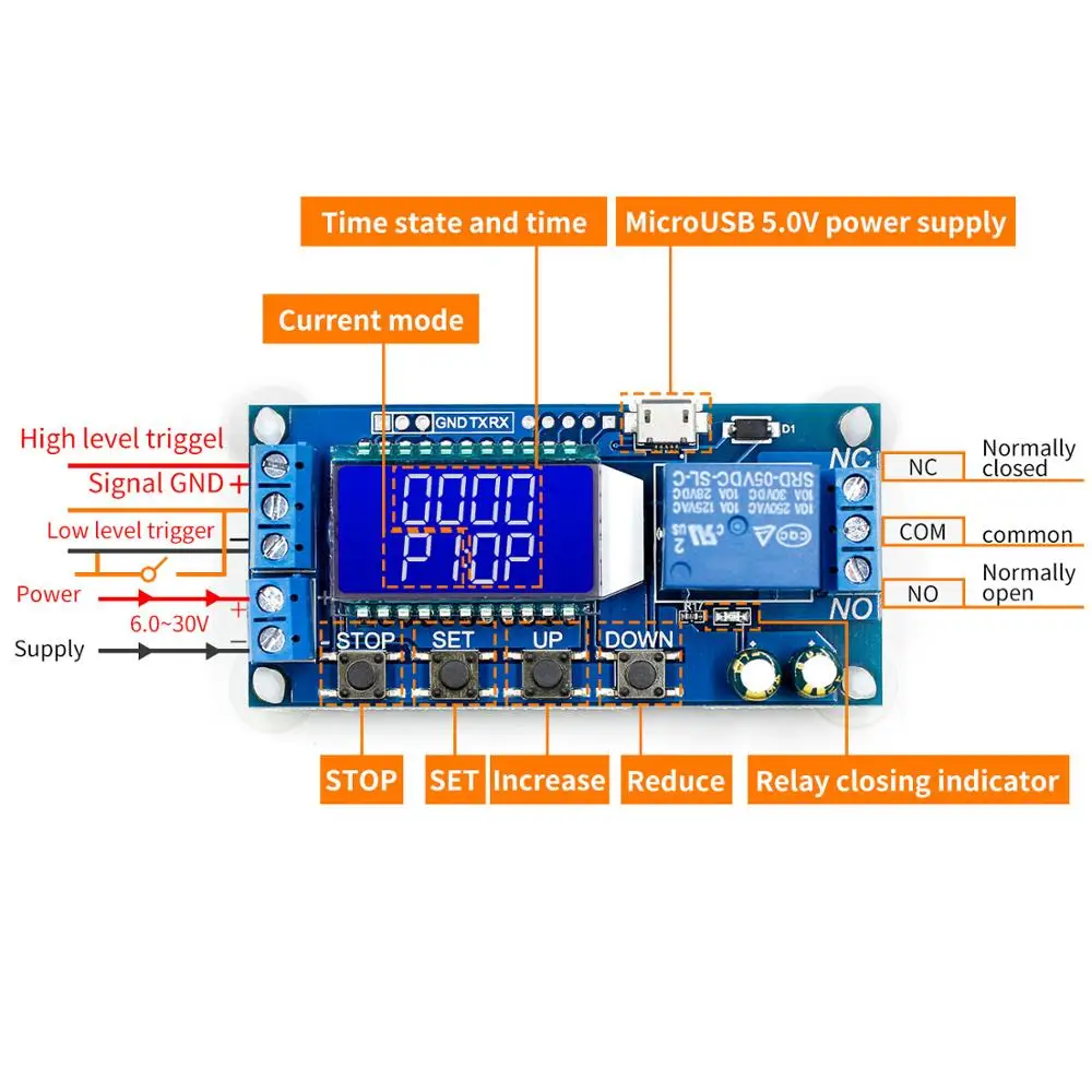 

6-30V Micro USB Digital LCD Display Time Delay Relay Module Control Timer Switch Trigger Cycle Module
