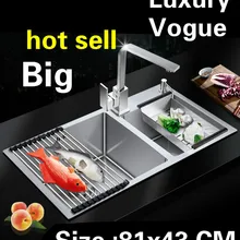 Квартира vogue большая кухонная ручная раковина двойной паз высокой емкости прочный 304 нержавеющая сталь 810x430 мм