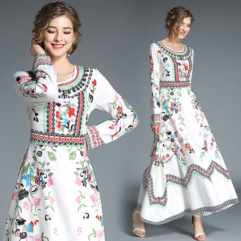 

2018 autumn woman's dress solid color Slim vestido women dress Vintage print long sleeve bodycon white boho dress