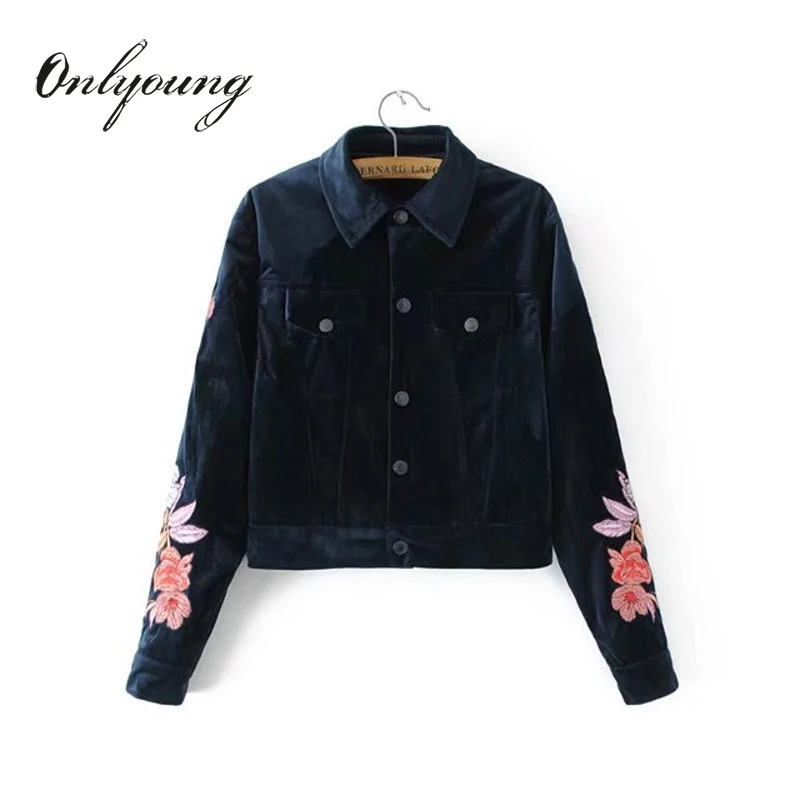 Onlyoung 2017 Autumn Women Velvet Embroidery Jakcet Coat Outwear Streetwear Floral Embroidered Basic Jackets