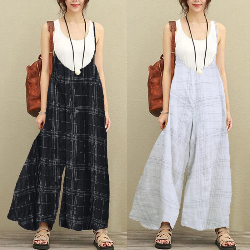 

Summer Women Wide Leg Pants Loose Lattice Braces Overalls Vacation Dungarees Rompers Cotton Long Trousers Casual Jumpsuits 5XL