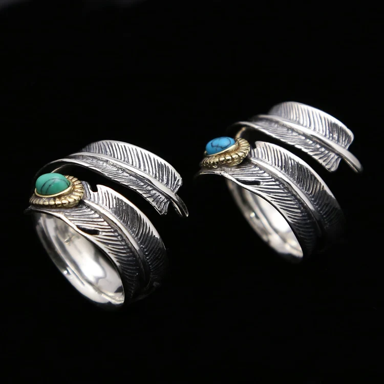 

Silver 925 Vintage Indian Style Feather Ring Men Women Set Blue/Green Stone 100% Pure 925 Sterling Silver Jewelry Free Box Gifts