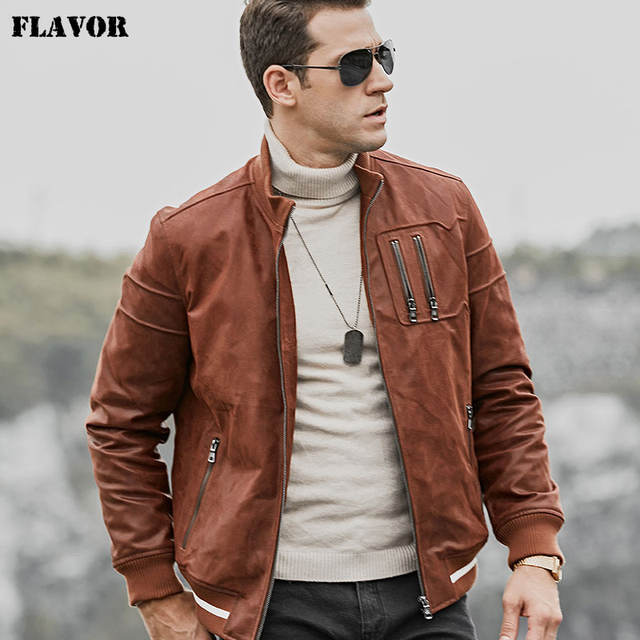 Men’s Real Leather Jacket Men Pigskin Slim Fit Leather Coat with Standing Collar Rib Cuff