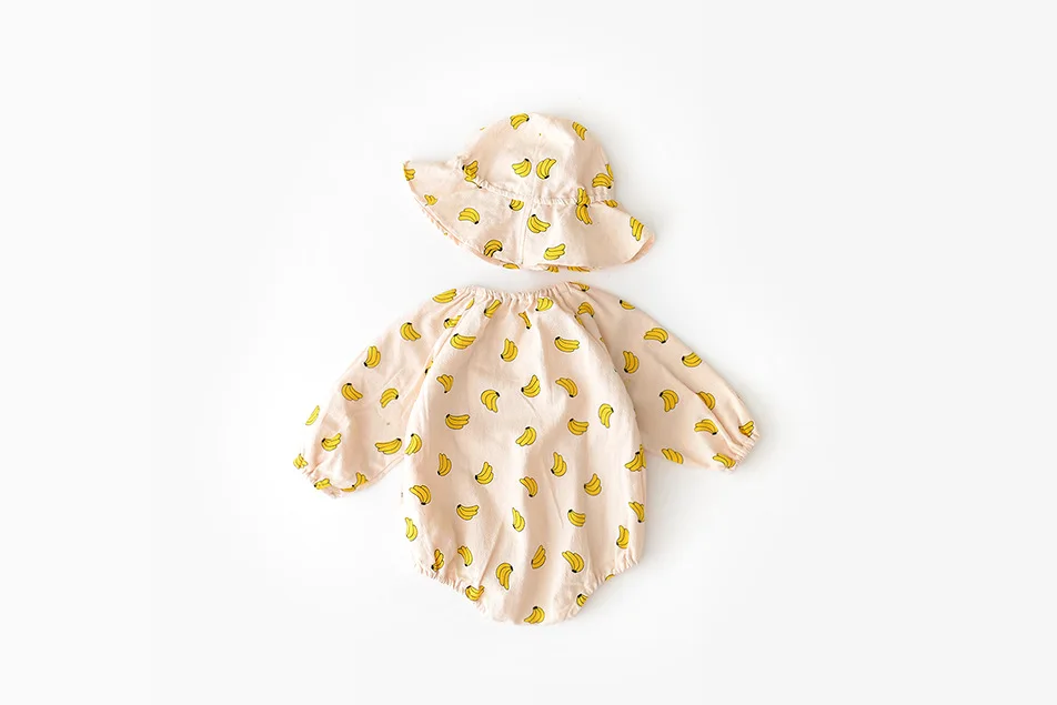 Одежда для маленьких девочек Комбинезон с рисунком банана для девочек, комплект одежды из 2 предметов, детская шапочка, комбинезон, Одежда для новорожденных
