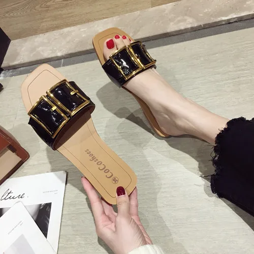 Женская обувь лето г. новые тапочки на плоской подошве с металлическими пуговицами и мягкой подошвой - Цвет: black