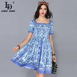 LD Linda della Новая мода взлетно-посадочной полосы летнее платье Для женщин короткий рукав Повседневное Винтаж синий и белый платье с принтом