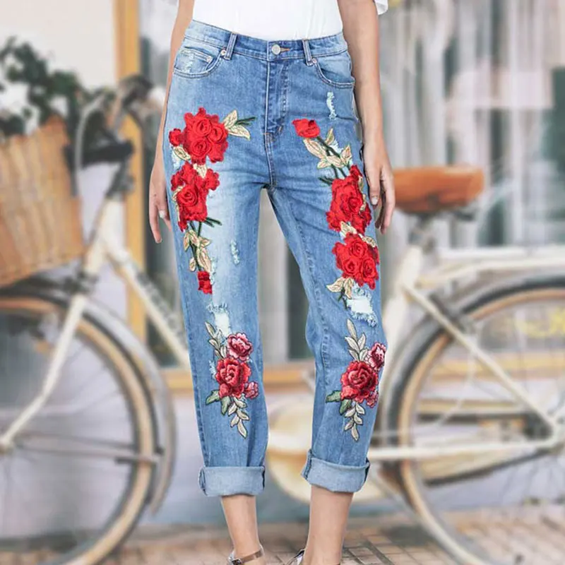 Women Fashion Rose Flower Embroidered Jeans Light Blue Loose Ripped
