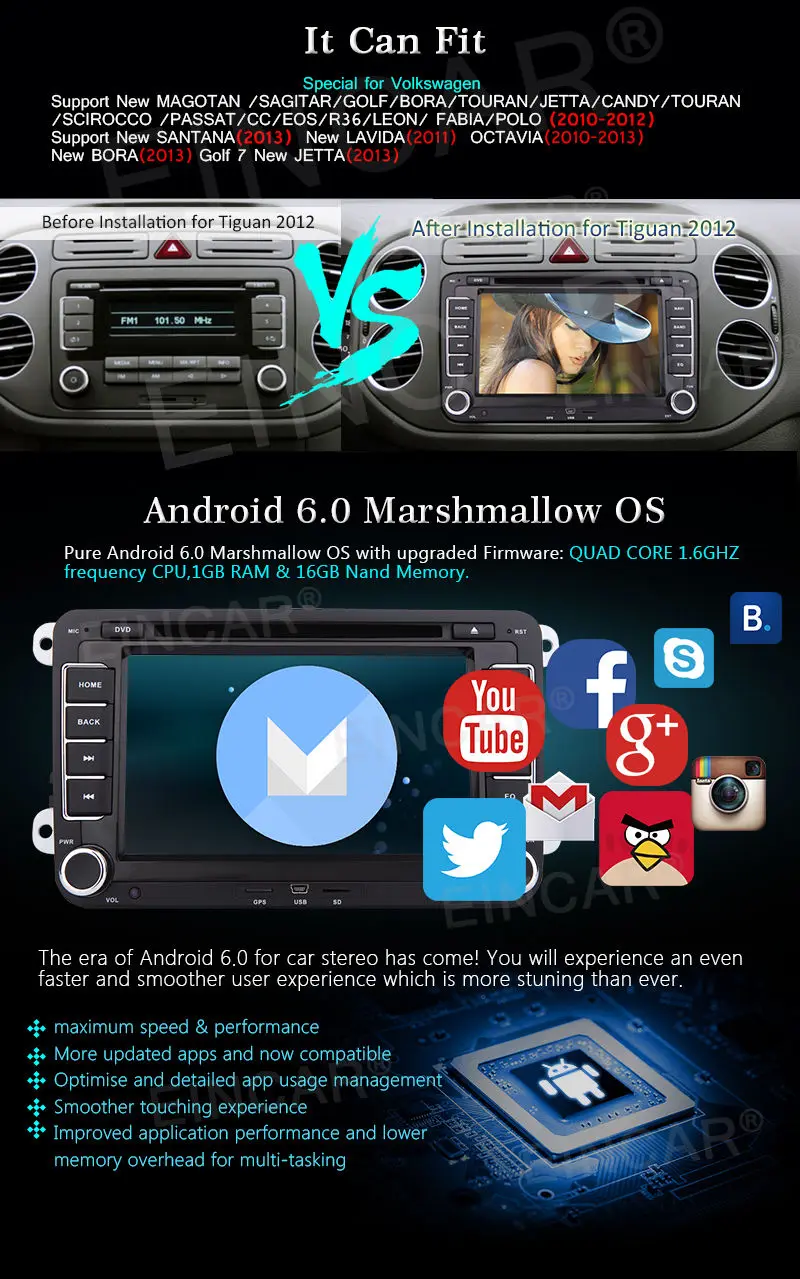 Sale Android 6.0 Quad Core Car DVD Radio Stereo GPS Navi For VW Volkswagen+CANBUS+CAM 4