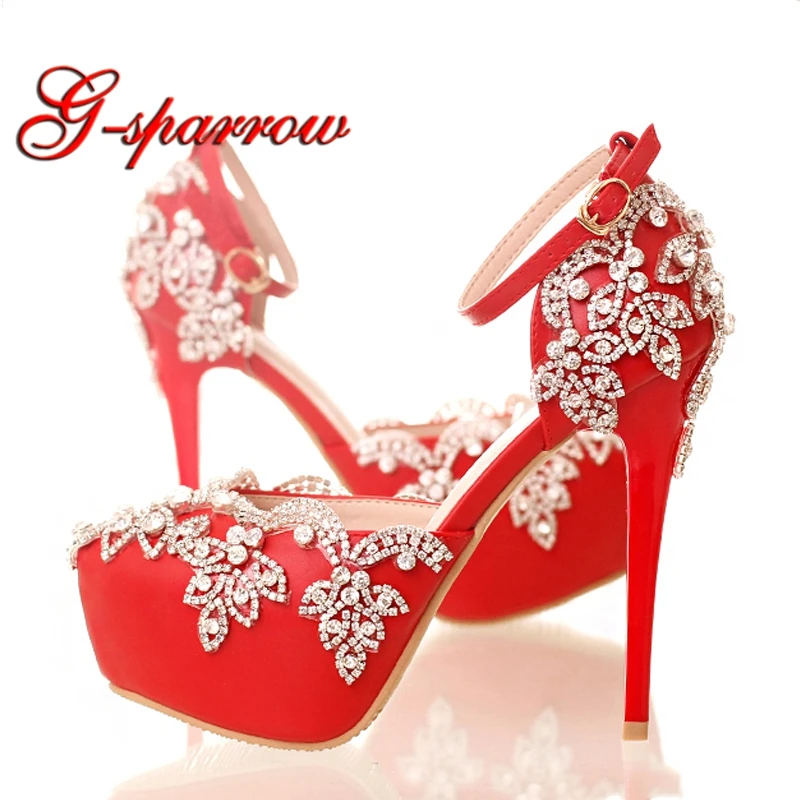 

Red High Heels for Wedding with Rhinestone Lady Nightclub Formal Dress Shoes with Ankle Straps Platform Bridesmaid Shoes