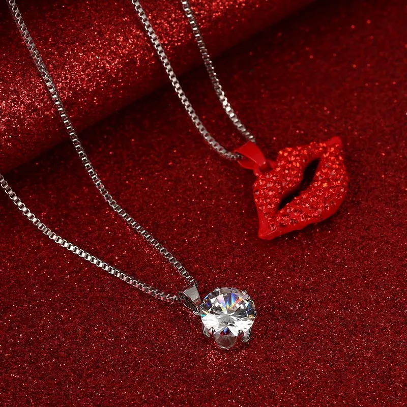 Сексуальные Стразы, ожерелье с красными губами, серебро, две цепочки несколько слоев, ожерелье, лучший подарок для любимой