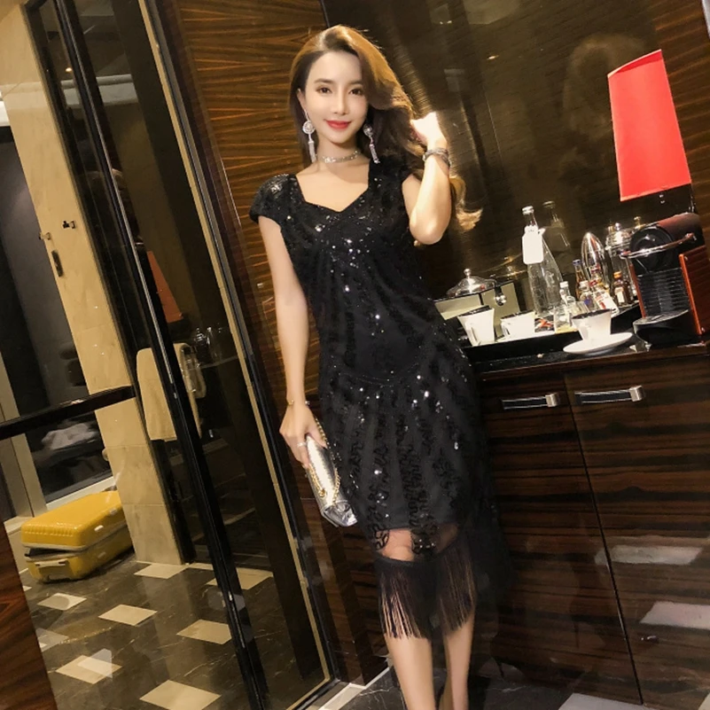 

SexeMara fashion The New tassel Beading Sequin Mesh splice dress Free shipping