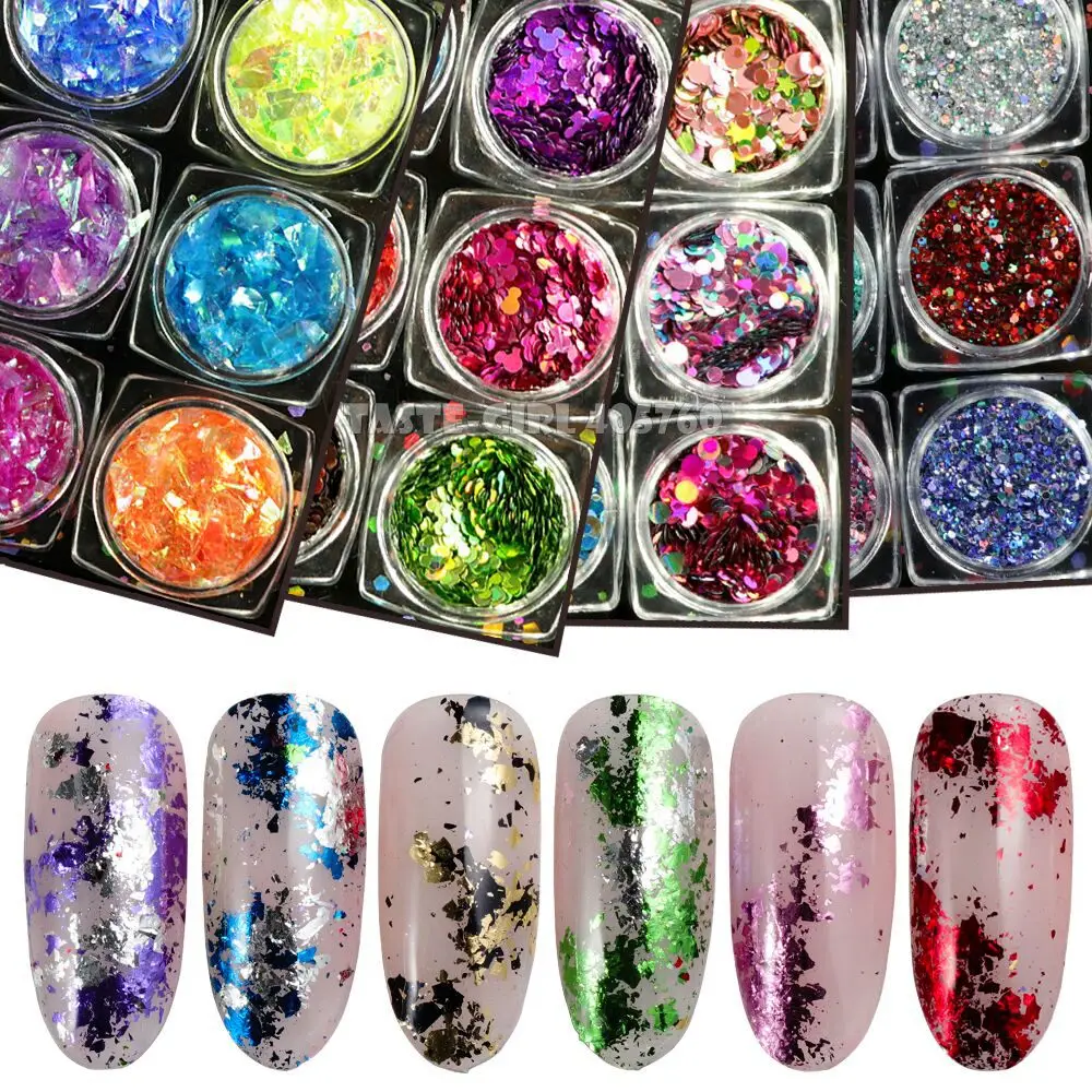

12 Jar/set Combined Glitter Holographic Mix Shape Sequins Irregular Powder Dust Mylar Foil Shell Mix Nail Art Decoration Set