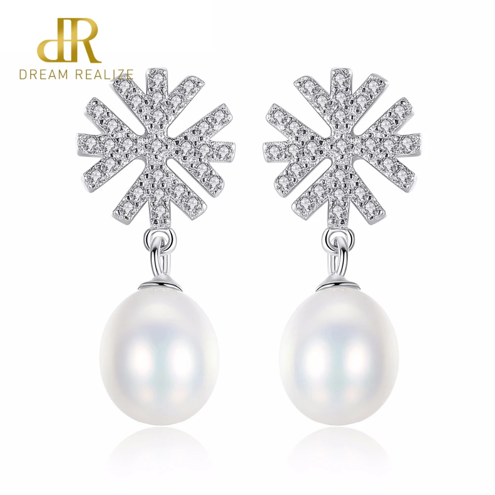 

DR Brand 100% 925 Sterling Silver Romantic Snowflake Pearl Stud Earrings for Women Wedding Jewelry Accessories for Girls Gift