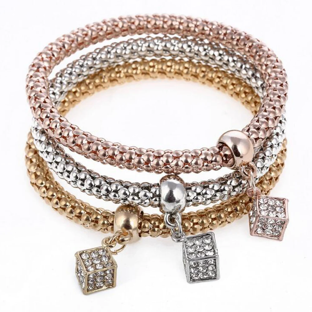 3Pcs/set Multilayer Bracelets Rhinestone Square Metal Mesh Charm