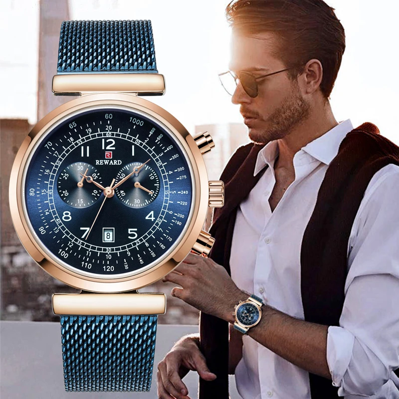 

REWARD Mens Watches Brand Luxury Blue Business Watches Slim Mesh Waterproof Quartz Wristwatch For Men Watch Relogio Masculino