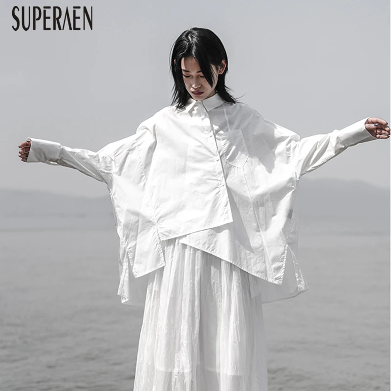 

SuperAen Irregular Fashion Women Shirt Solid Color Cotton Long Sleeve Blouses and Tops Female Spring and Summer New 2019