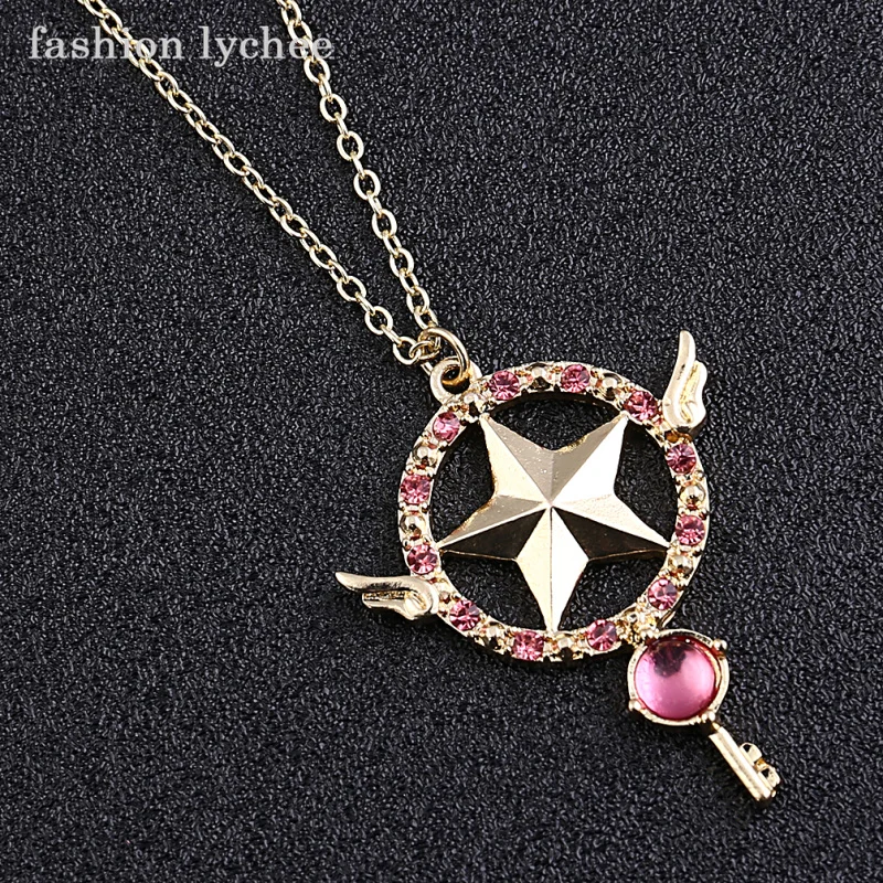 

fashion lychee Anime Card Captor Sakura Magic Stick Pendant Necklace Women Girls Cosplay Crystals Necklace Jewelry