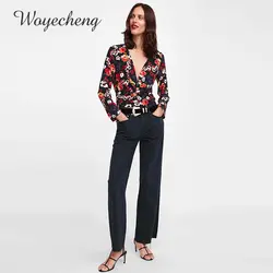 Woyecheng 2018 осень Новый стиль модная сексуальная глубокий v-образный вырез горловины Цветочный принт завязать узел Повседневное темперамент