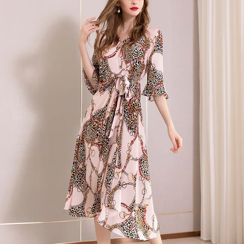

Two Piece Dress 100% Silk Dresses Sweet Pink Print V Neck Flare Sleeve Summer Irregular sukienka Casual Holiday Beach vestidos