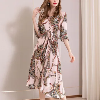 

Two Piece Dress 100% Silk Dresses Sweet Pink Print V Neck Flare Sleeve Summer Irregular sukienka Casual Holiday Beach vestidos