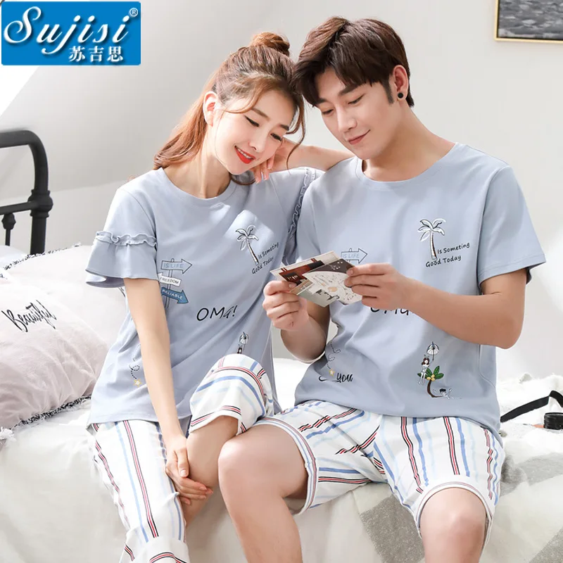 

Sujisi men summer short pajama set short sleeve pure cotton casual male sleepwear Cartoon printing Couple pajamas men pijama