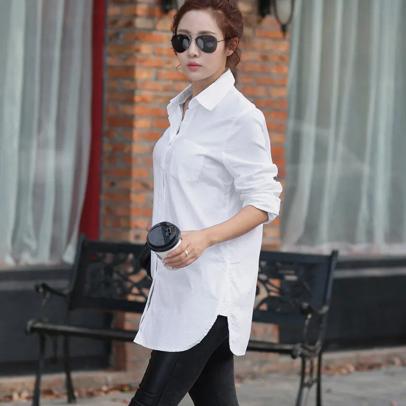 Women White Blouse Female Boyfriend Style Long Sleeve Oversize Shirt Fashion Collar Cotton Tops Cas