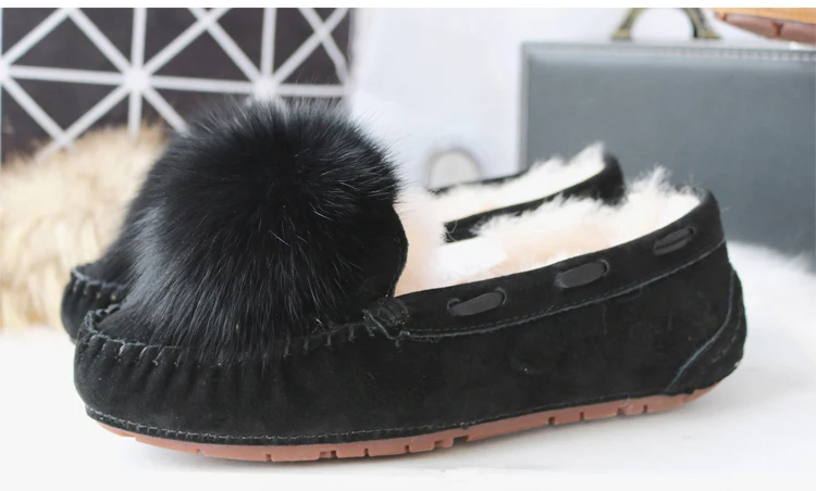 Autumn Winter Suede Shoes Women Flats Genuine Leather Flat Shoes Natural Wool Sheep Fur Natural Ball Fox Fur Women Shoe