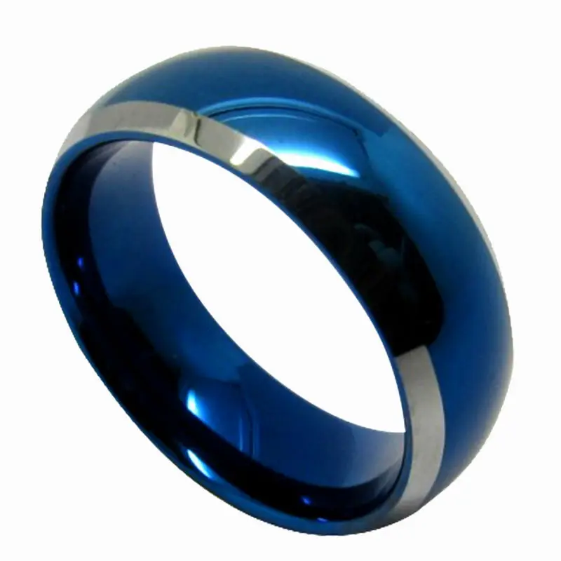 Queenwish-8mm-Tungsten-Gorgeous-Blue-Domed-with-Beveled-Silver-Edges-Band-ring