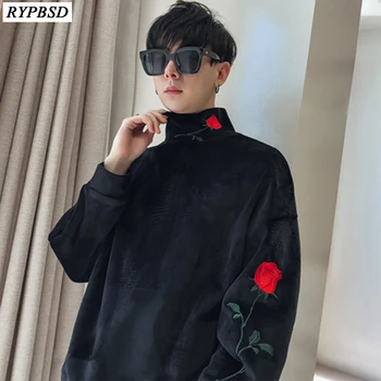 

Floral Men Sweatshirt Solid Color Turtleneck Long Sleeve Fashion Casual Embroidery Men Hoodies Loose Oversize Hoody Black