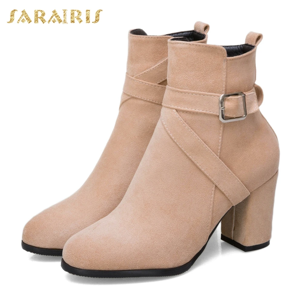 SARAIRIS/ размера плюс 33-52, Теплые ботильоны на молнии, женская обувь, зимняя обувь на меху на не сужающемся книзу высоком массивном каблуке, женские ботинки