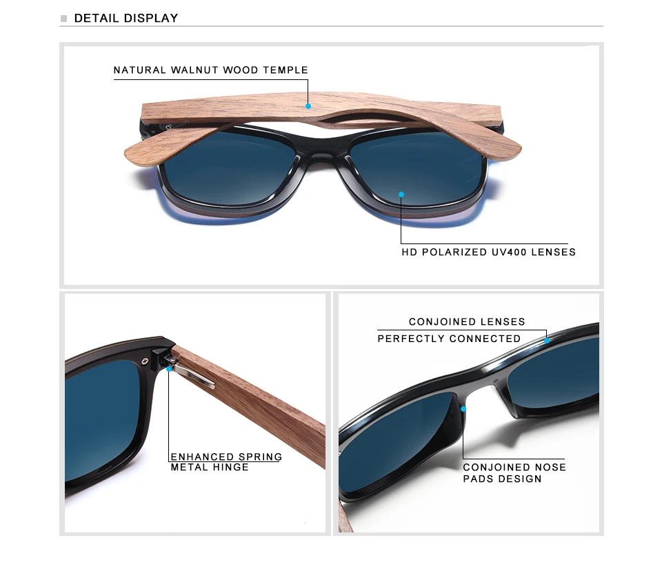 Men's Hot Walnut Wood Arms Polarized Sunglasses Details