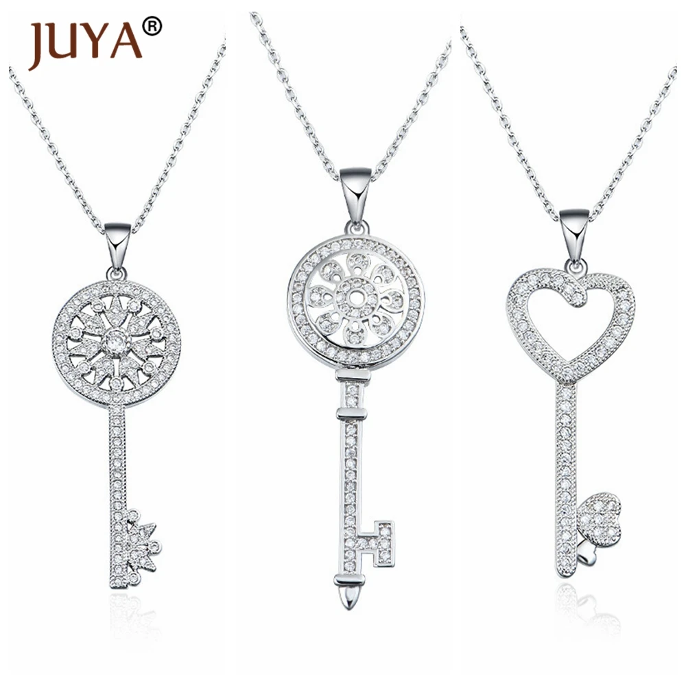 fashion statement necklaces for women Luxury Jewelry Copper Zircon Rhinestone Key Pendants Necklace Silver Femme