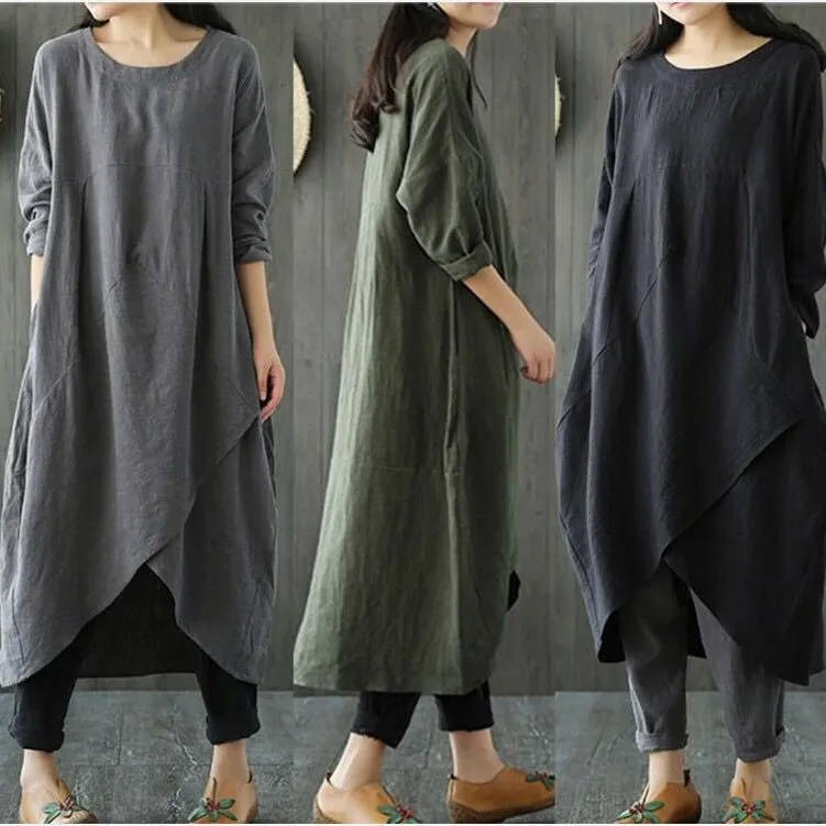 

Plus Size Women Cotton Linen Dress Vestido 2019 Summer Casual Shirt Dresses Asymmetrical Long Sleeve O-Neck Maxi Dress