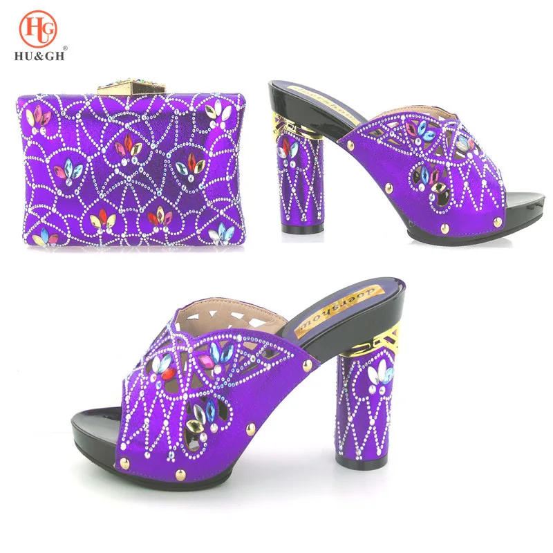 

2017 Purple Shoes and Matching Bag Italian African Wedding Shoe and Bag Set Decorated with Rhinestone African Shoe and Bag Sets