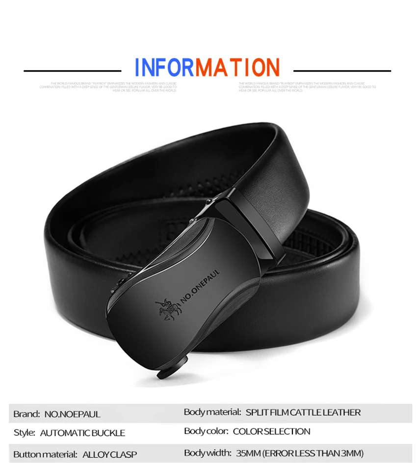 NO.ONEPAUL Brand Fashion Automatic Buckle Black Genuine Leather Belt Men's Belts Cow Leather Belts for Men 3.5cm Width WQE789 Sadoun.com