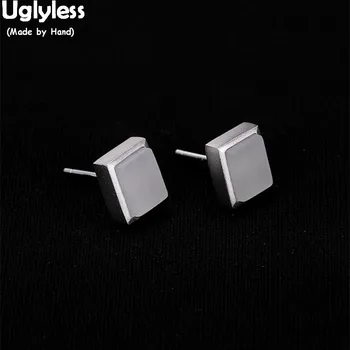 

Uglyless Cool MINI Size Rectangle Stud Earrings Women Simple Fashion Natural Gemstones Fine Jewelry Solid 925 Silver Studs Jade