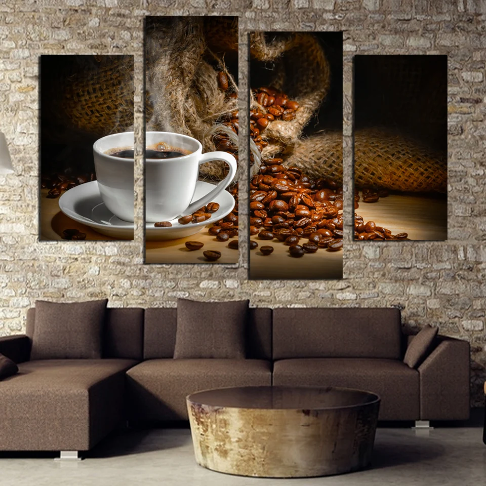 

4 Panels Canvas Painting Fragrant Coffee Beans Print Painting On Canvas Wall Art modular pictures Kitchen Home Decoration Unfram