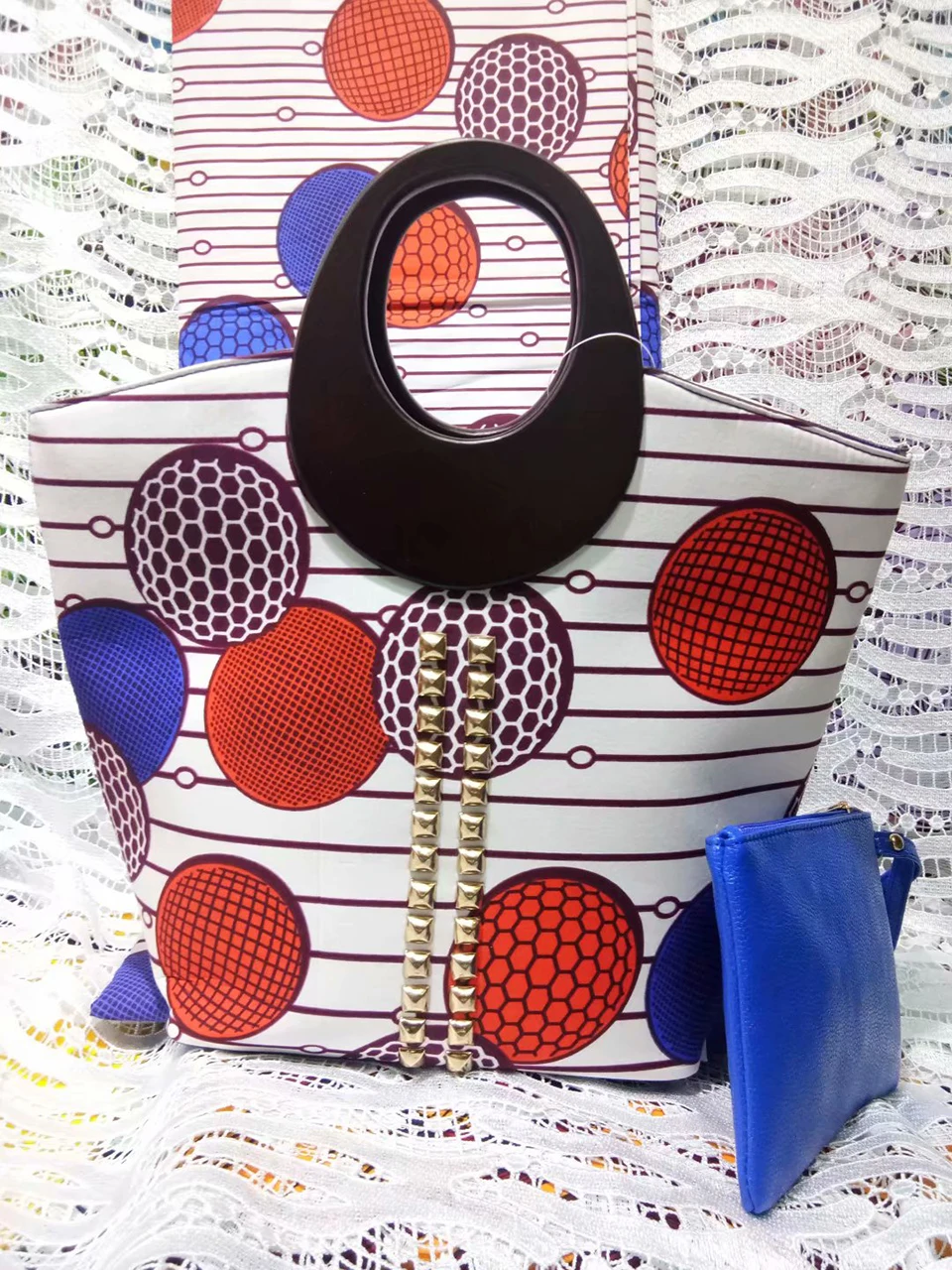 Комплект из 2 предметов в африканском стиле сумка + клатч + 6 двор Белый Анкара Африканский воск печати ткань для африканских Свадебная