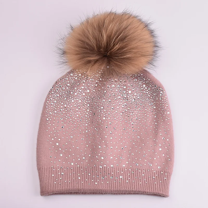 KUE019 Natural Fur Pom pom Knitted Hat Winter Wool Women Genuine Fur Ball Bobble Knit Beanies Bonnet Bones Skullies Rhinestone