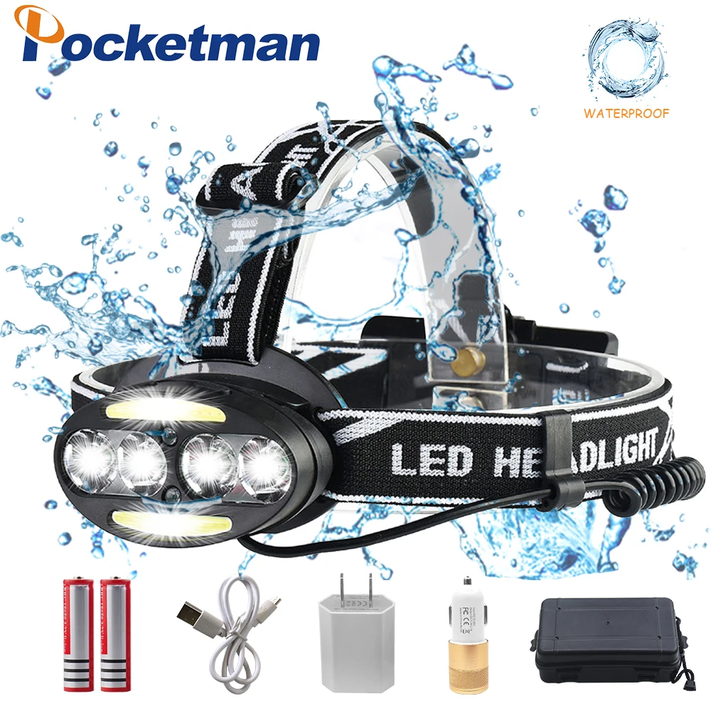 

Pocketman LED headlight 33000 Lumen headlamp 4*T6+2*COB+2*Red LED Head Lamp Flashlight Torch Lanterna with batteries charger