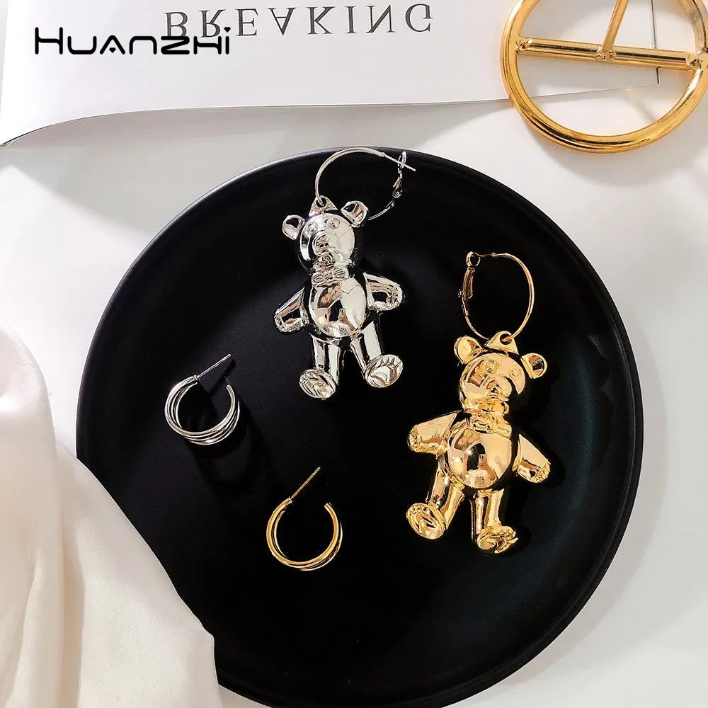 

HUANZHI 2019 New Asymmetry Silver Gold Color Metal Bear Sweet Trendy Design Long Drop Earrings For Women Girls Travel Jewelry