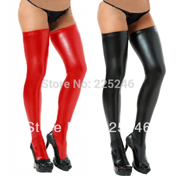 Women Patent Leather Stockings Stretchy Non slip Long Knee Sexy Socks