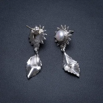 

Natural River Pearl Leaf Handmade Vintage 925 Sterling Silver Earrings 1 1/2" S1925