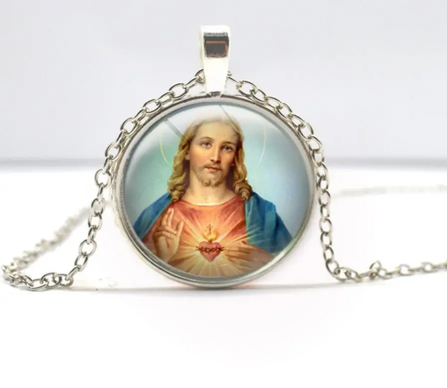 Старинная Серебряная бронза стекло кабошон купол Иисус Христос ожерелья с