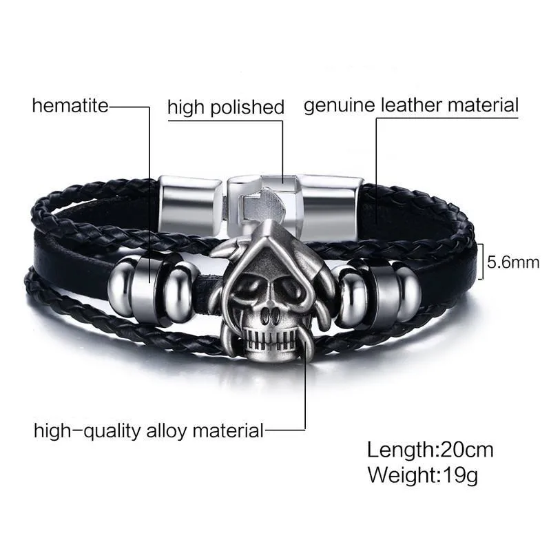 

Vintage Leather Bracelet Cuff Men's Multi-layer Punk Skull Bead Bangle Woven Leather Bracelet Jewelry Fashion